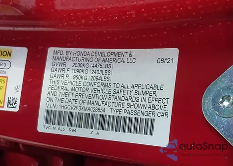 2021 Honda Accord Sport 2.0T z USA, uszkodzony, nr VIN 1HGCV2F3XMA028854